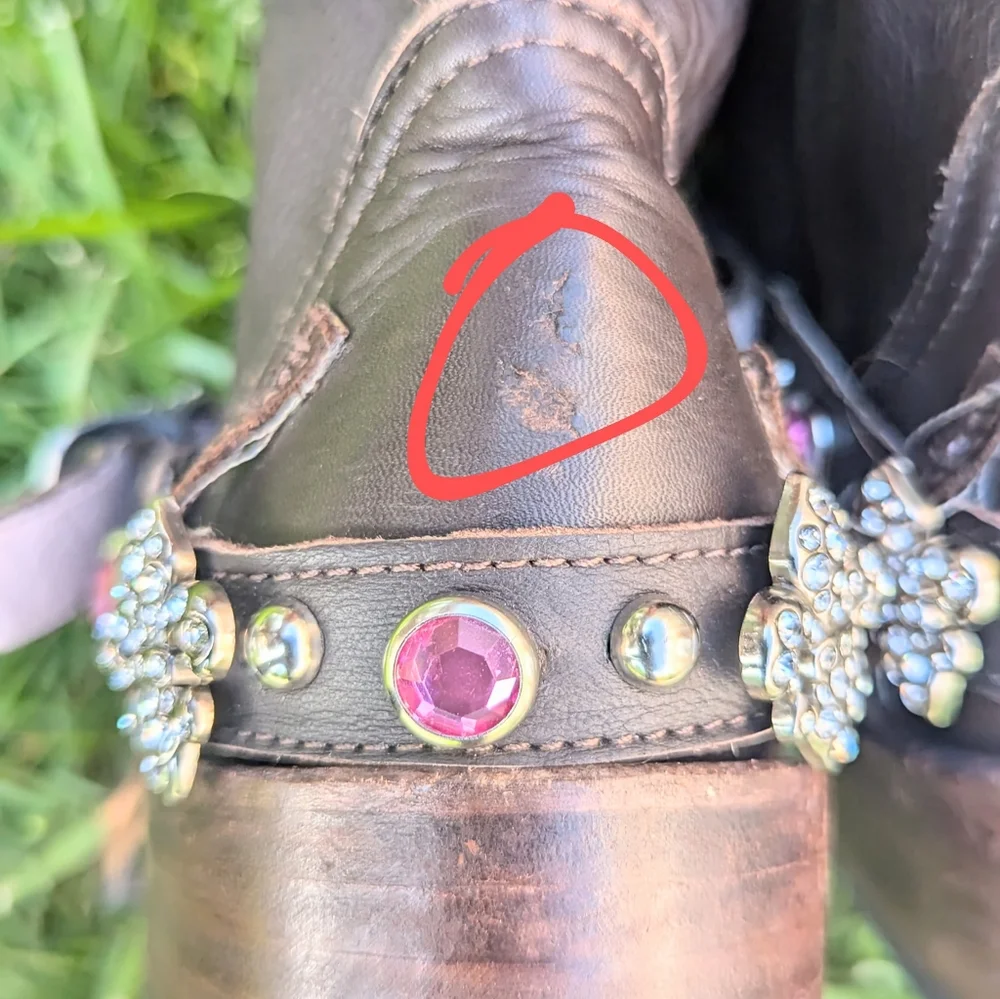 Brown Leather Cowboy Biker Moto Rare Pink Bling Boots 9 fit like 8.5 - Picture 12 of 12